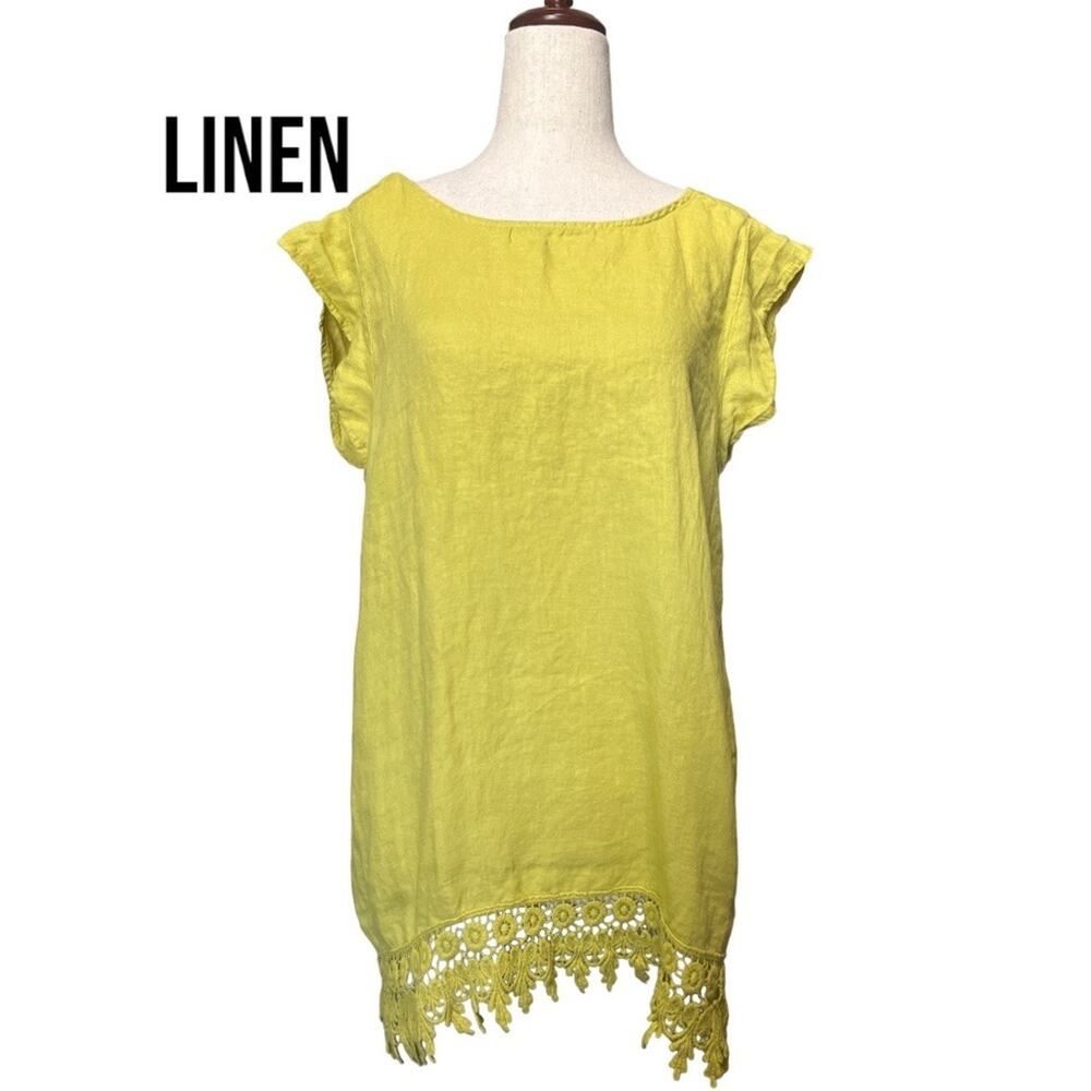 Terzo Millenio LINEN Chartreuse Crochet Lace Cap Sleeve Top Shirt Blouse L‎
